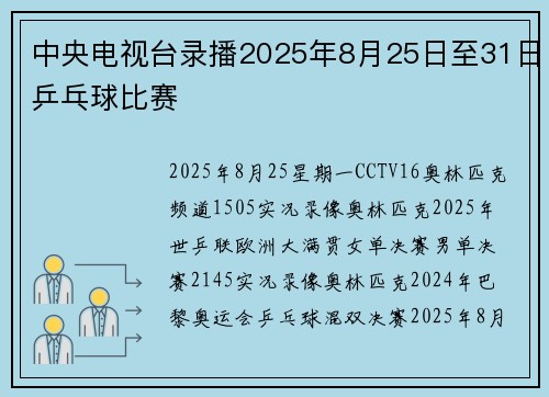中央电视台录播2025年8月25日至31日乒乓球比赛